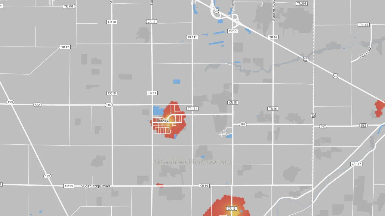Walk Grade map of 43443, OH, walkable areas in green and car-dependent areas in red