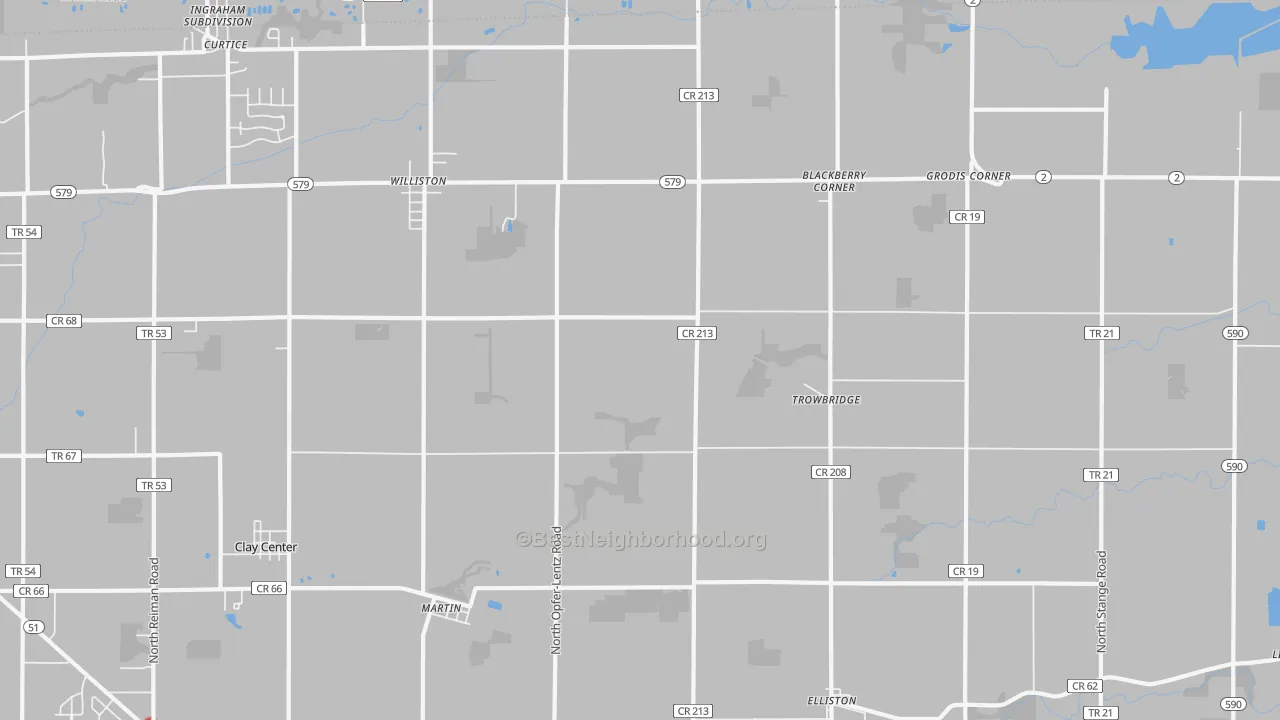 Walk Grade map of 43445, OH, walkable areas in green and car-dependent areas in red