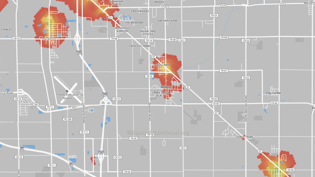 Walk Grade map of 43447, OH, walkable areas in green and car-dependent areas in red