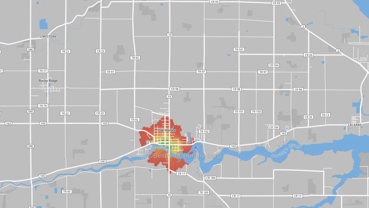 Walk Grade map of 43449, OH, walkable areas in green and car-dependent areas in red