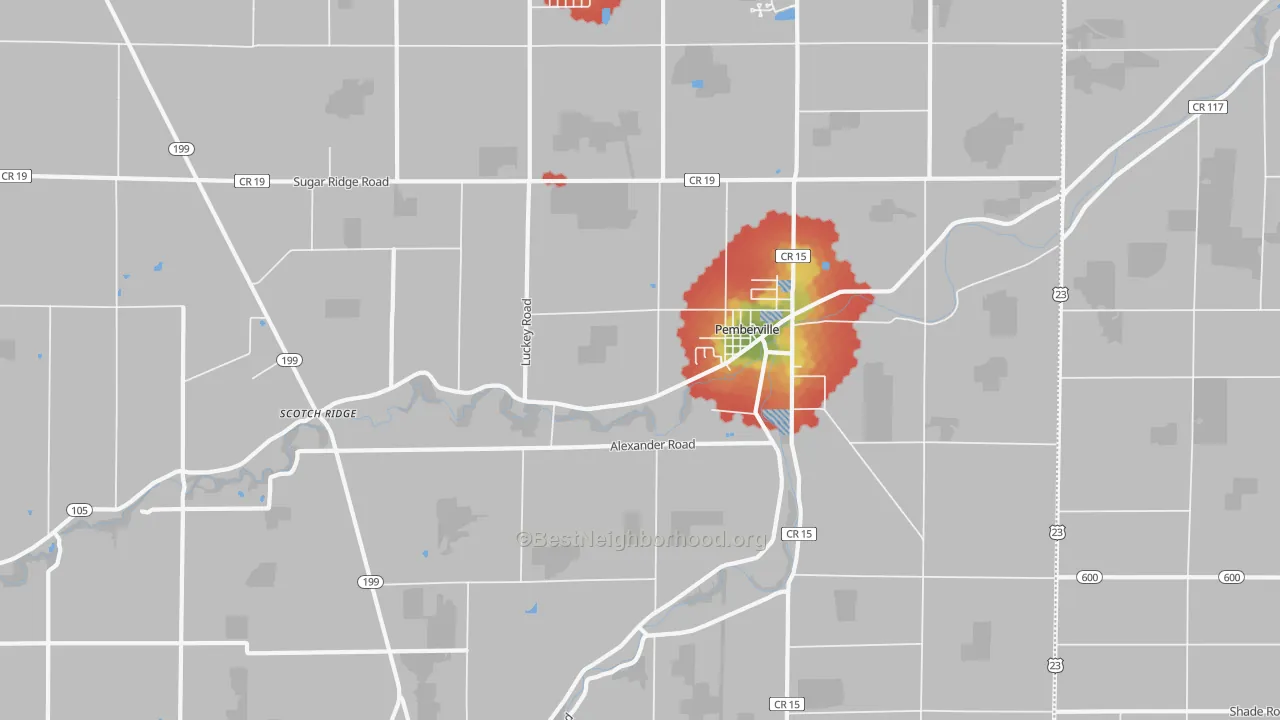 Walk Grade map of 43450, OH, walkable areas in green and car-dependent areas in red