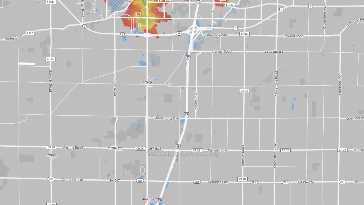 Walk Grade map of 43451, OH, walkable areas in green and car-dependent areas in red