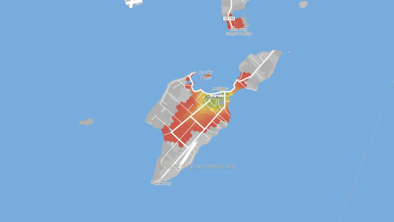 Walk Grade map of 43456, OH, walkable areas in green and car-dependent areas in red