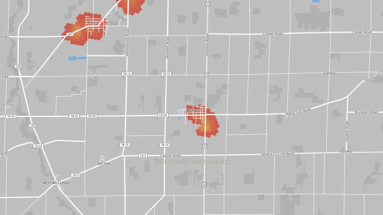 Walk Grade map of 43457, OH, walkable areas in green and car-dependent areas in red