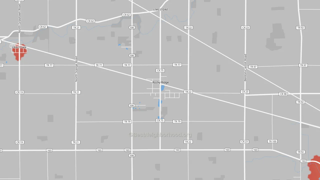 Walk Grade map of 43458, OH, walkable areas in green and car-dependent areas in red