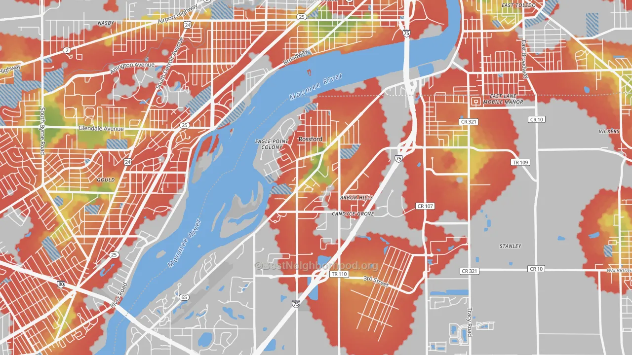 Walk Grade map of 43460, OH, walkable areas in green and car-dependent areas in red