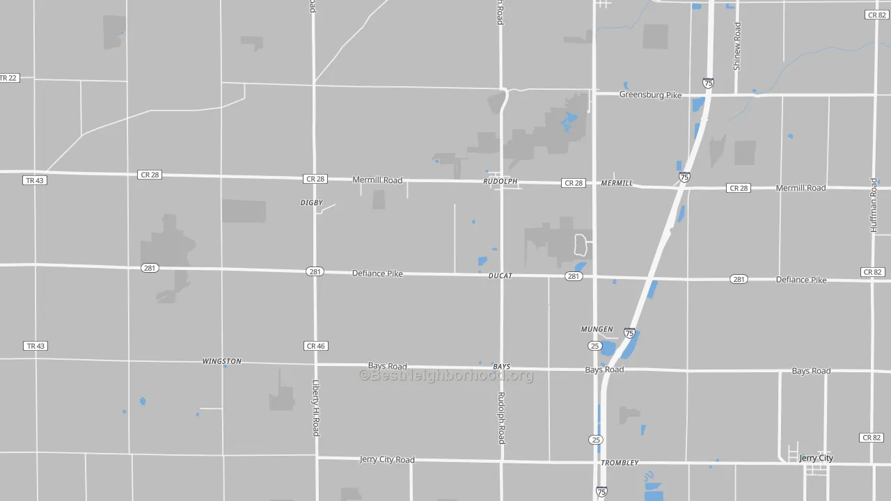 Walk Grade map of 43462, OH, walkable areas in green and car-dependent areas in red
