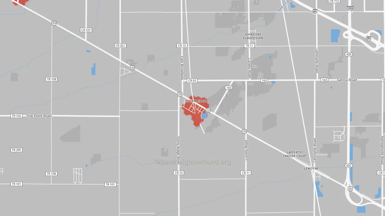 Walk Grade map of 43463, OH, walkable areas in green and car-dependent areas in red
