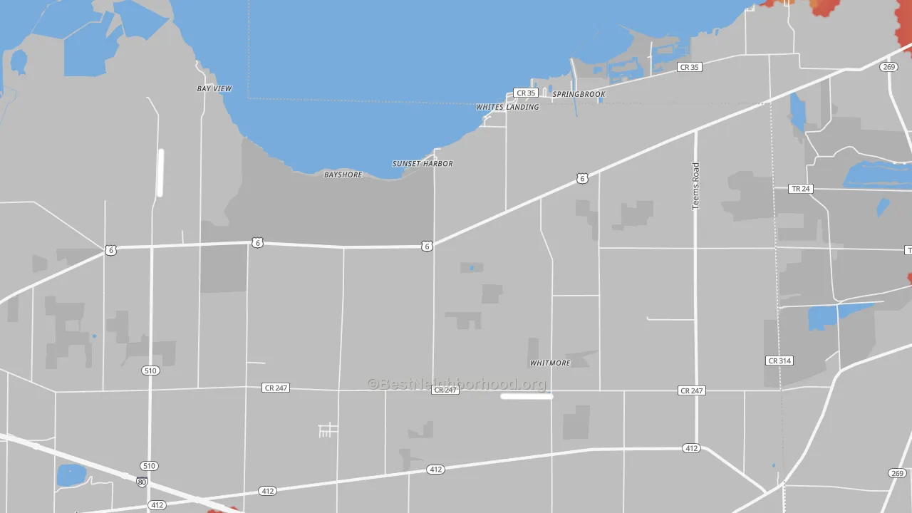 Walk Grade map of 43464, OH, walkable areas in green and car-dependent areas in red