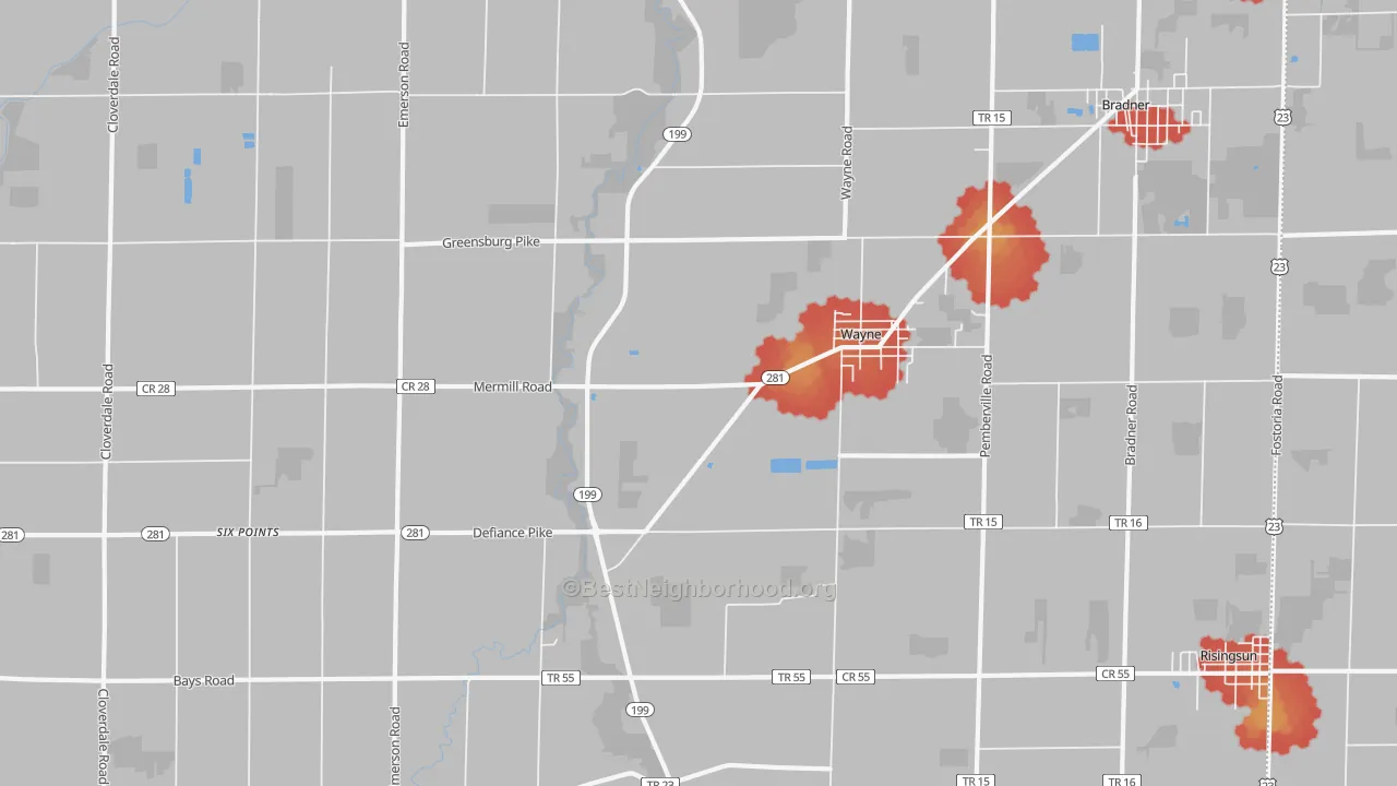 Walk Grade map of 43466, OH, walkable areas in green and car-dependent areas in red