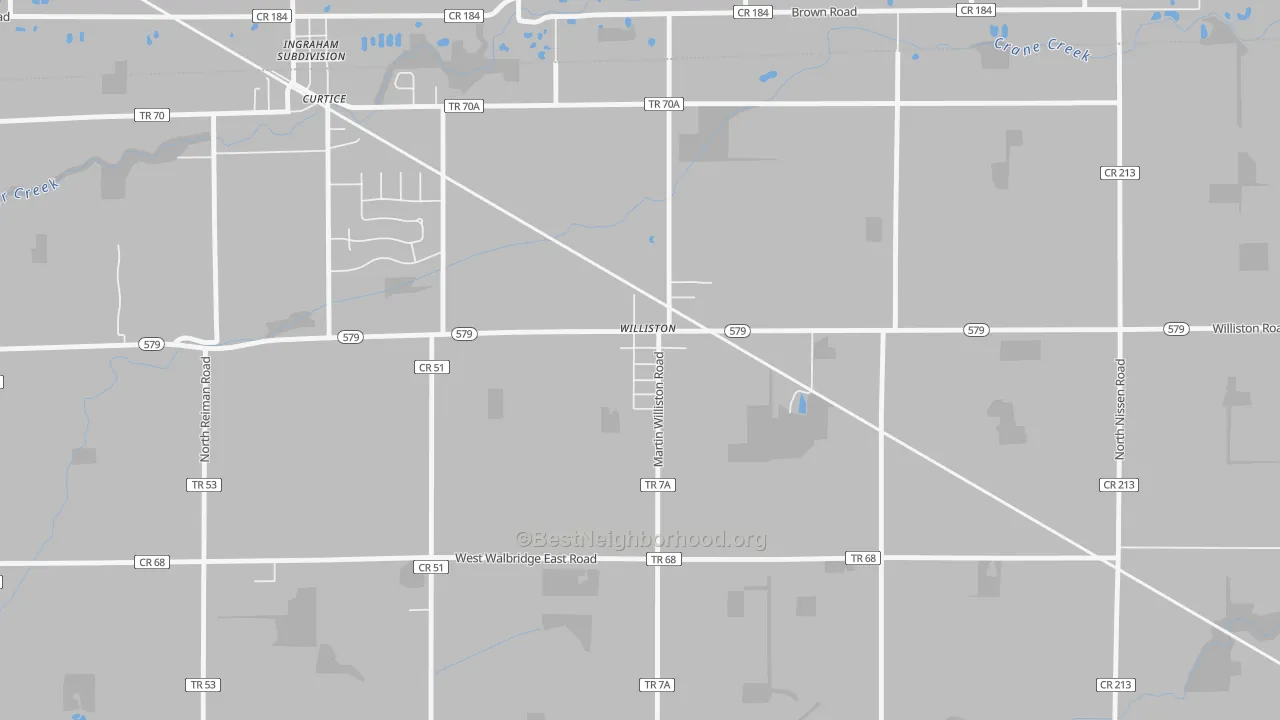 Walk Grade map of 43468, OH, walkable areas in green and car-dependent areas in red