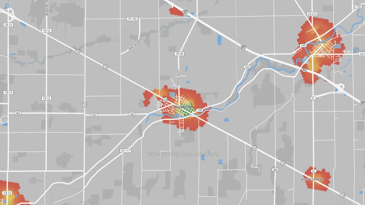 Walk Grade map of 43469, OH, walkable areas in green and car-dependent areas in red