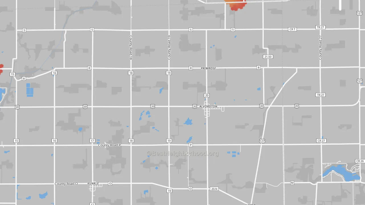 Walk Grade map of 43501, OH, walkable areas in green and car-dependent areas in red