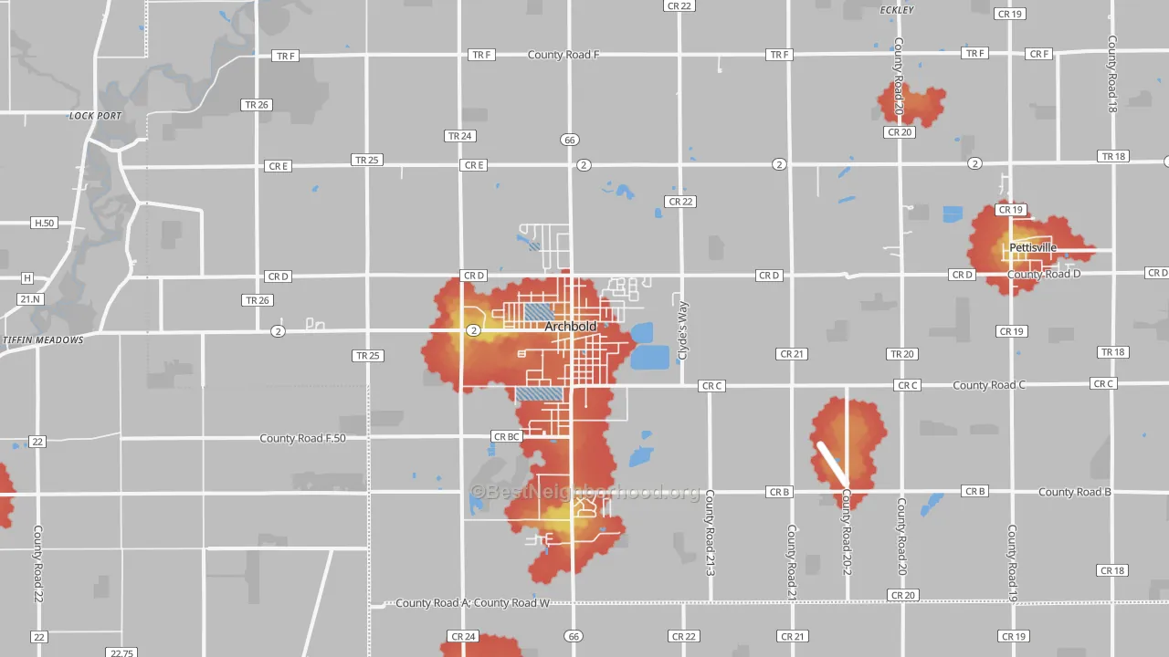 Walk Grade map of 43502, OH, walkable areas in green and car-dependent areas in red