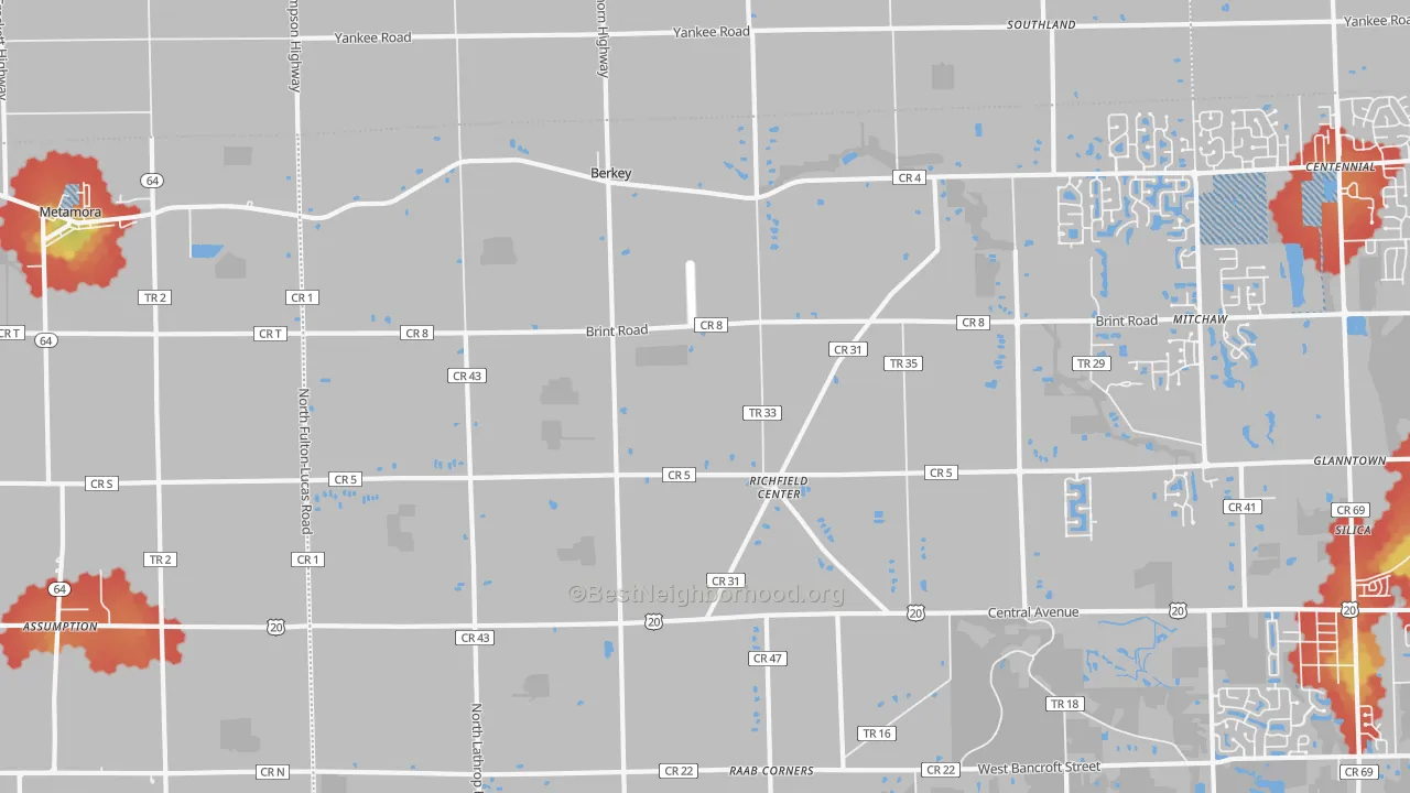 Walk Grade map of 43504, OH, walkable areas in green and car-dependent areas in red