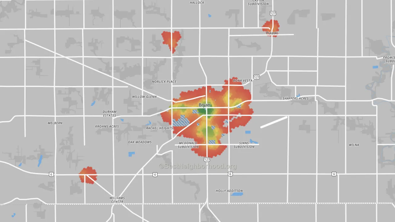 Walk Grade map of 43506, OH, walkable areas in green and car-dependent areas in red