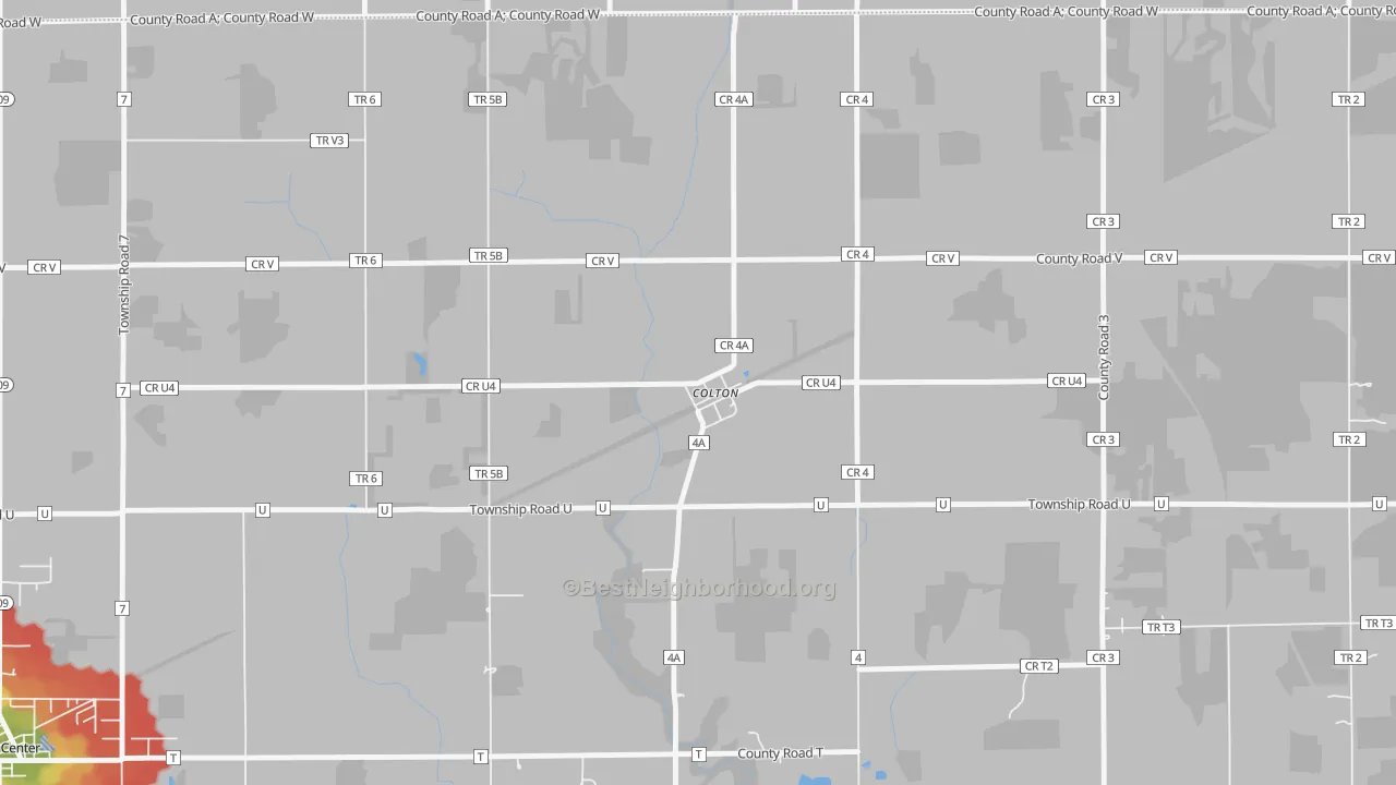 Walk Grade map of 43510, OH, walkable areas in green and car-dependent areas in red