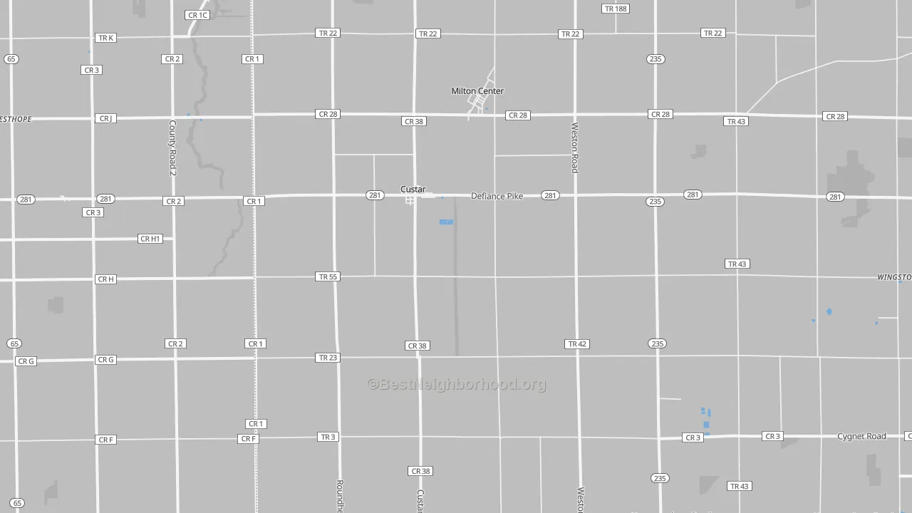 Walk Grade map of 43511, OH, walkable areas in green and car-dependent areas in red