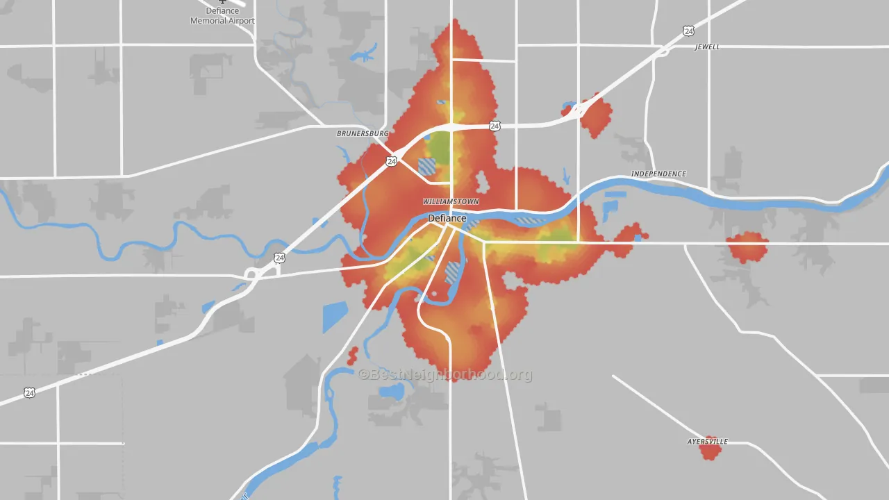 Walk Grade map of 43512, OH, walkable areas in green and car-dependent areas in red