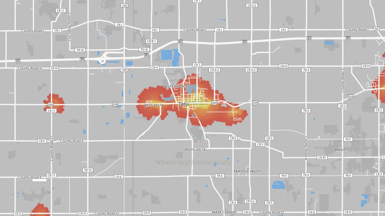 Walk Grade map of 43515, OH, walkable areas in green and car-dependent areas in red
