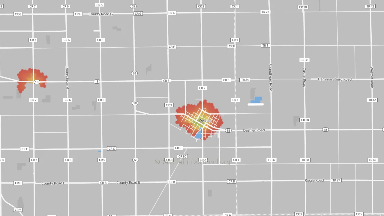 Walk Grade map of 43516, OH, walkable areas in green and car-dependent areas in red