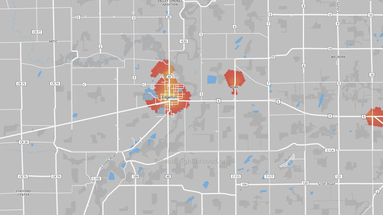 Walk Grade map of 43517, OH, walkable areas in green and car-dependent areas in red