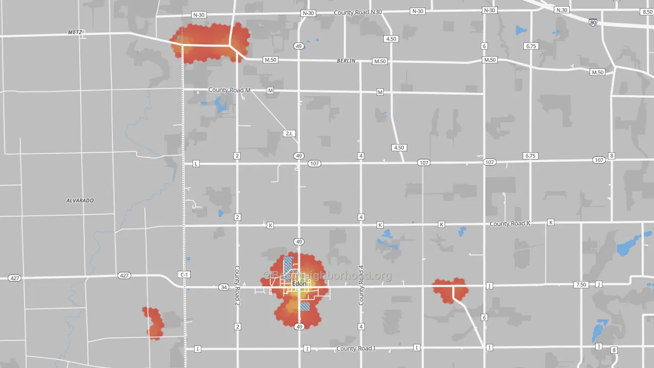 Walk Grade map of 43518, OH, walkable areas in green and car-dependent areas in red