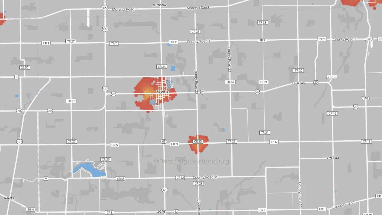 Walk Grade map of 43521, OH, walkable areas in green and car-dependent areas in red