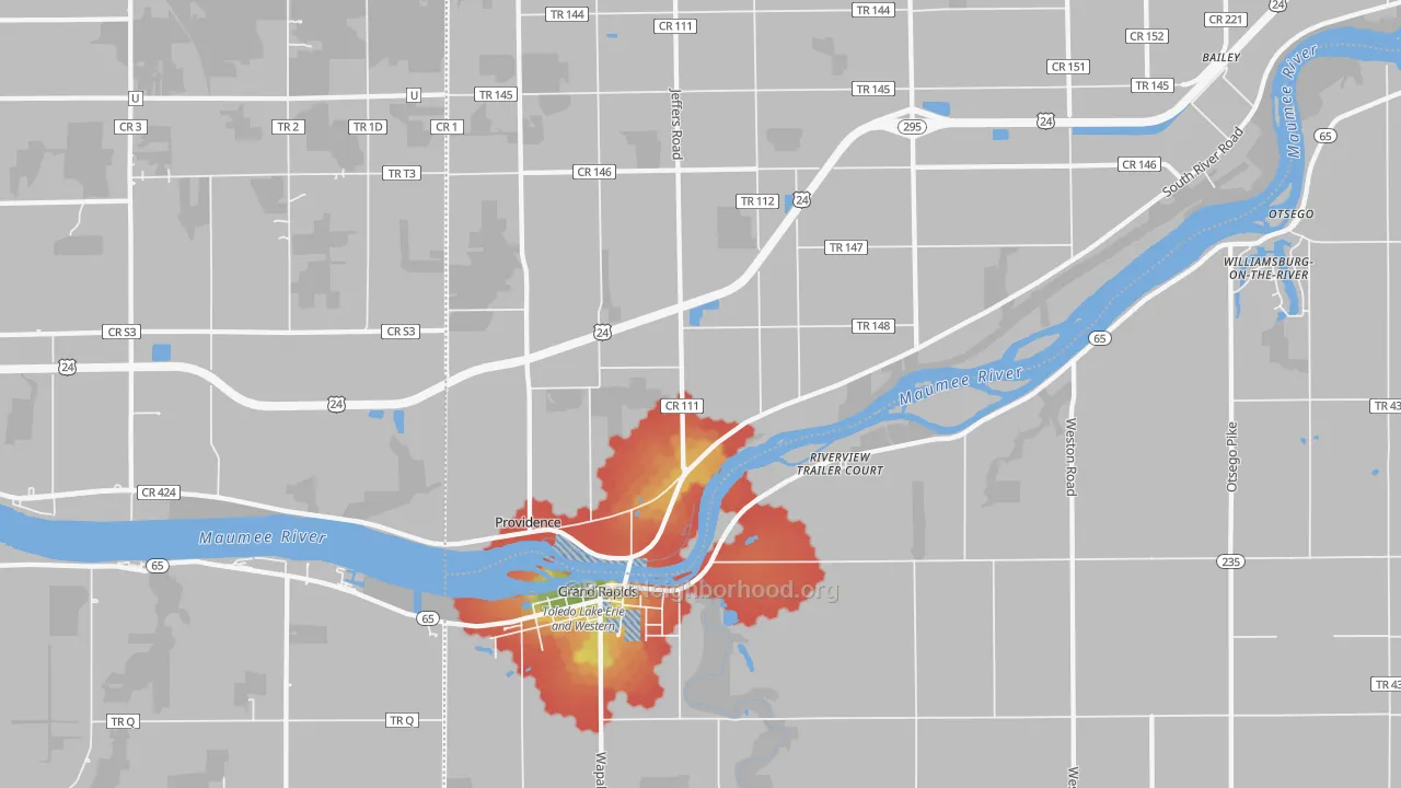 Walk Grade map of 43522, OH, walkable areas in green and car-dependent areas in red