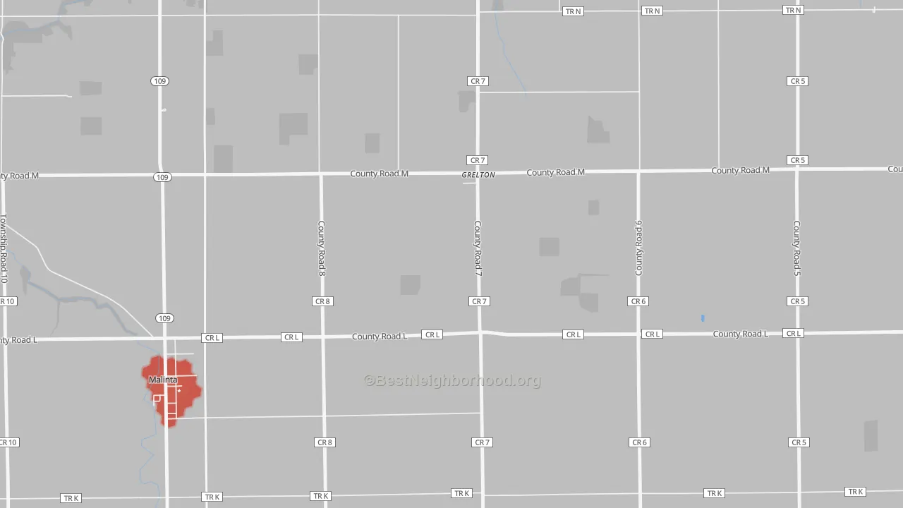 Walk Grade map of 43523, OH, walkable areas in green and car-dependent areas in red