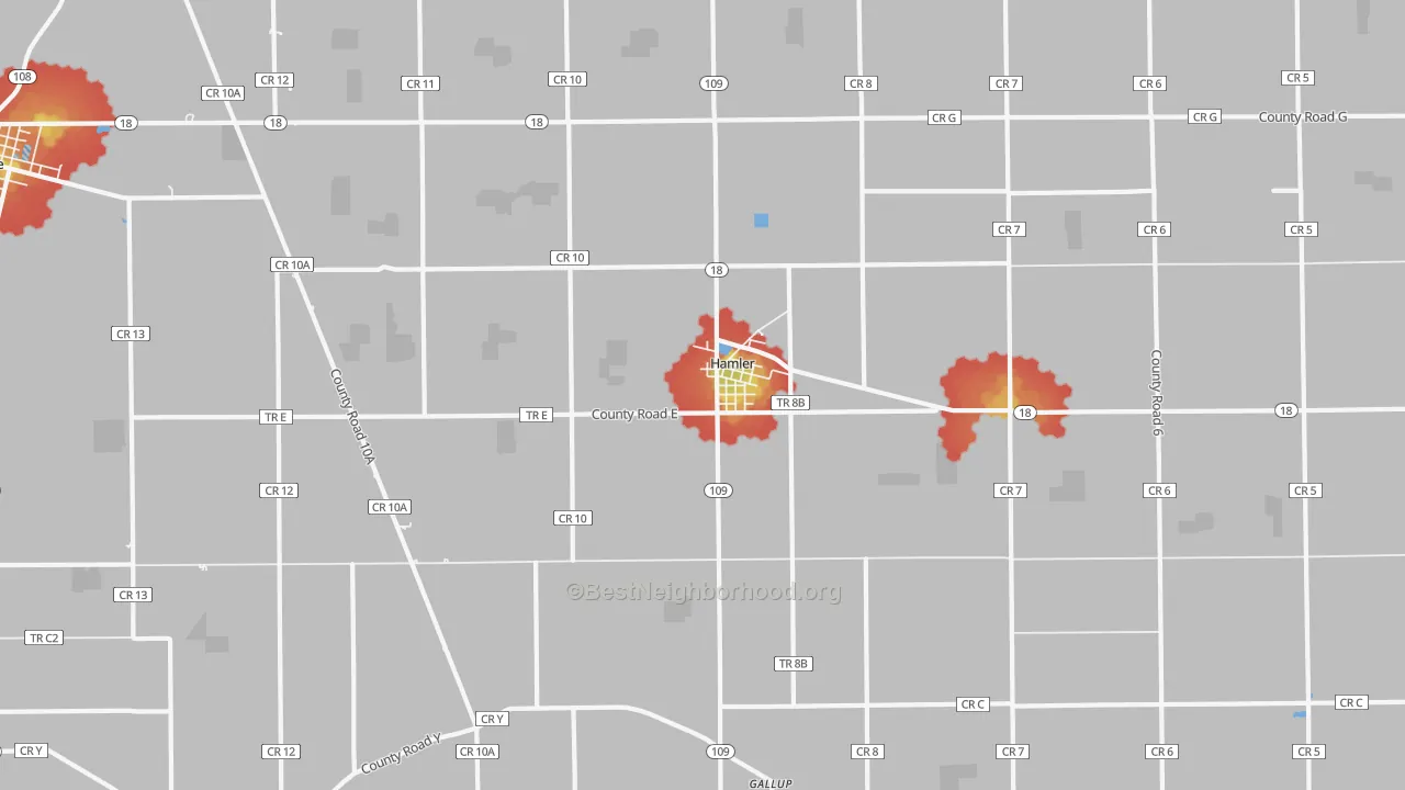 Walk Grade map of 43524, OH, walkable areas in green and car-dependent areas in red