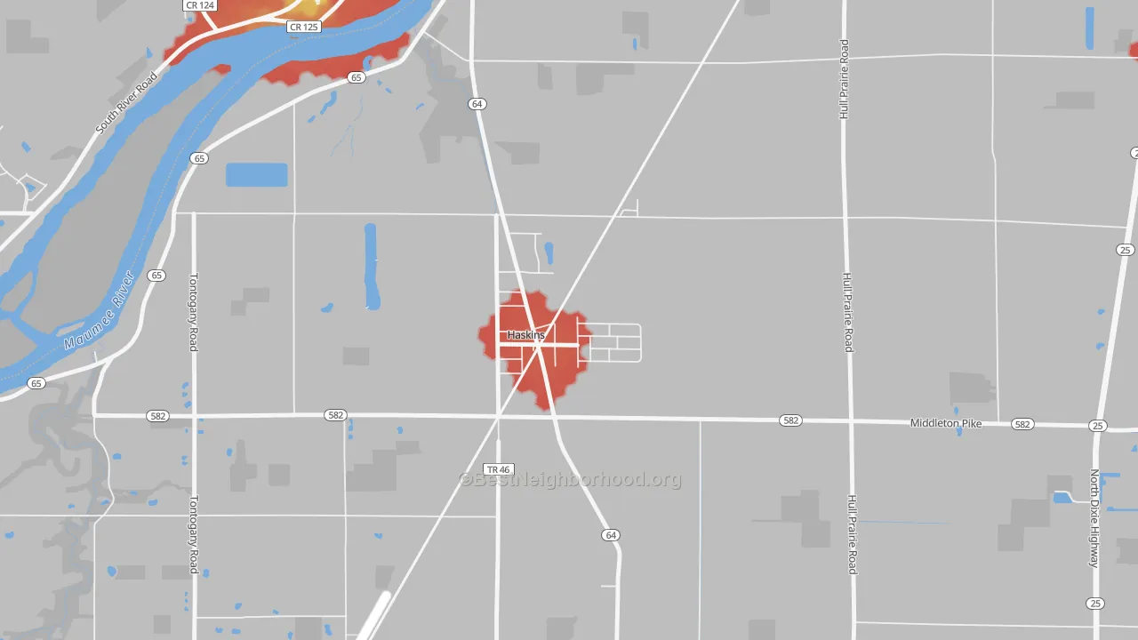Walk Grade map of 43525, OH, walkable areas in green and car-dependent areas in red