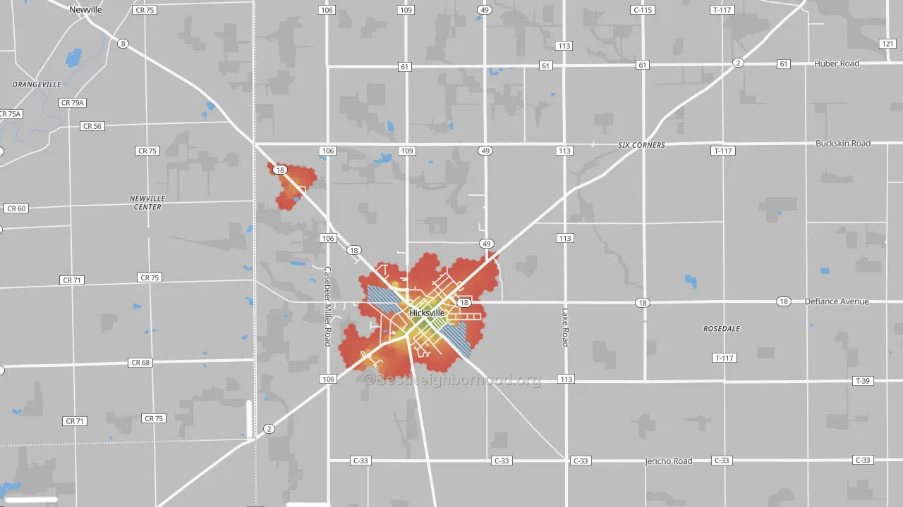 Walk Grade map of 43526, OH, walkable areas in green and car-dependent areas in red