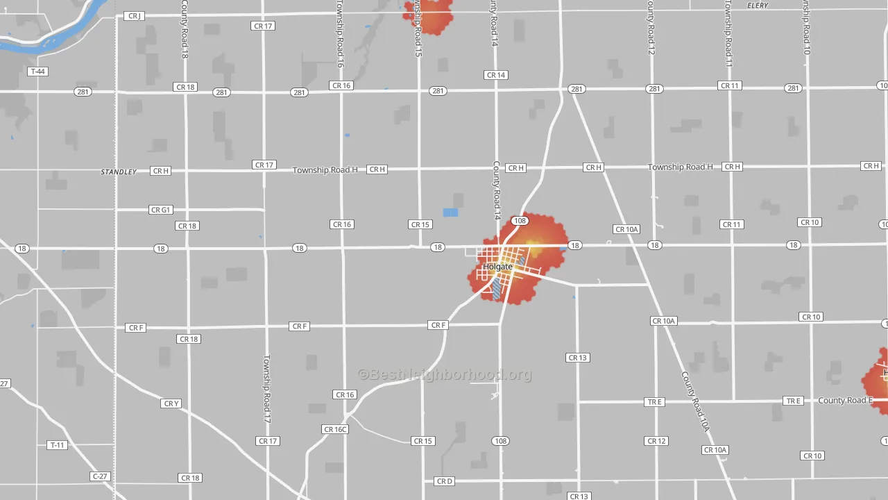 Walk Grade map of 43527, OH, walkable areas in green and car-dependent areas in red
