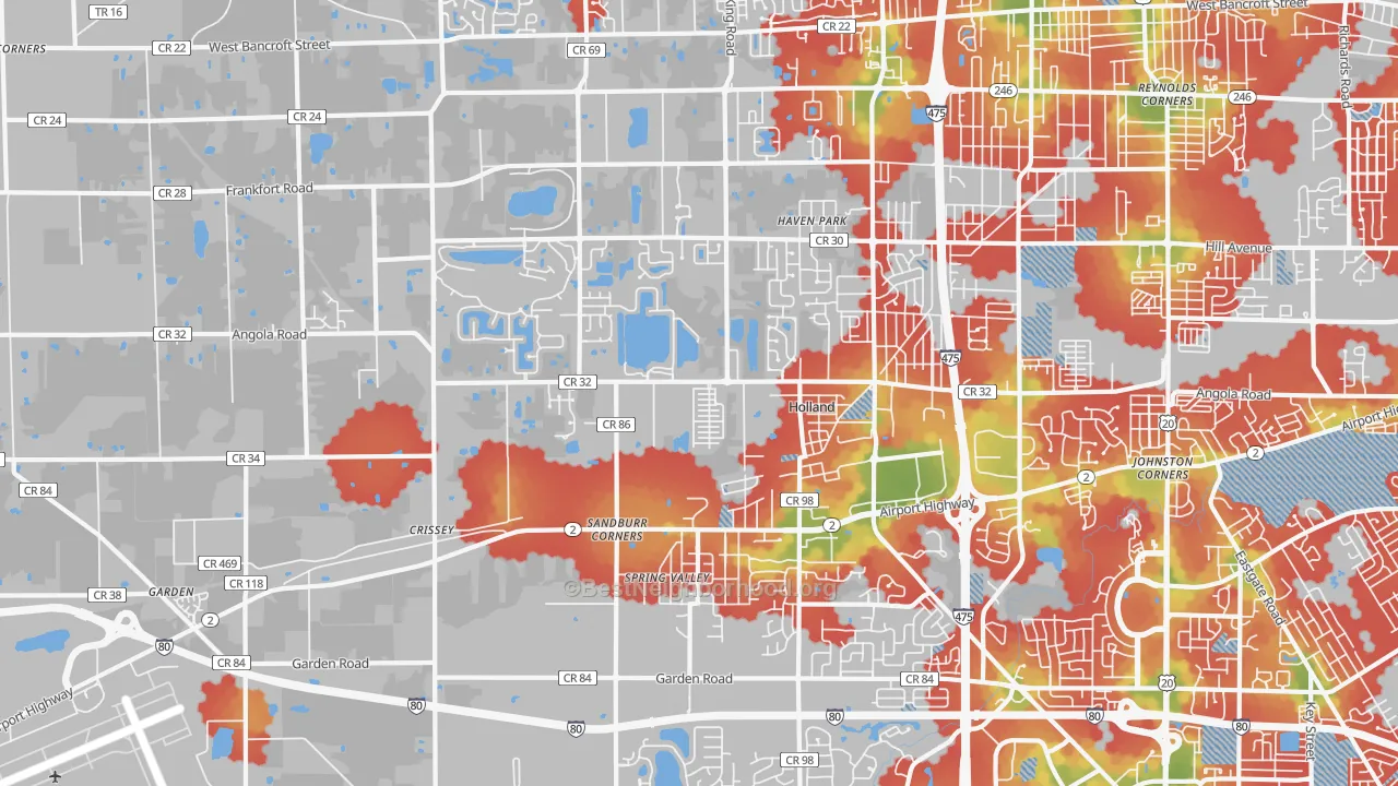 Walk Grade map of 43528, OH, walkable areas in green and car-dependent areas in red