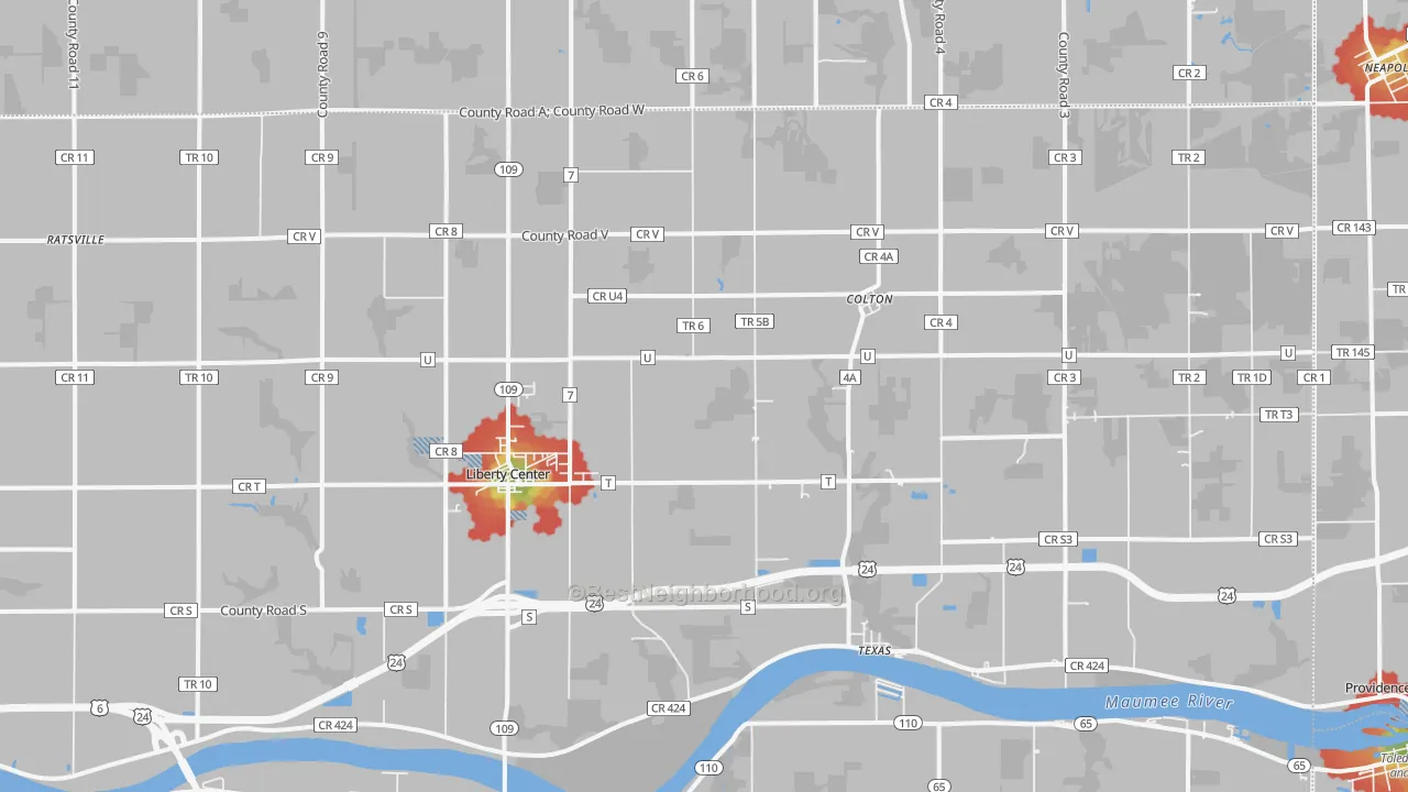Walk Grade map of 43532, OH, walkable areas in green and car-dependent areas in red