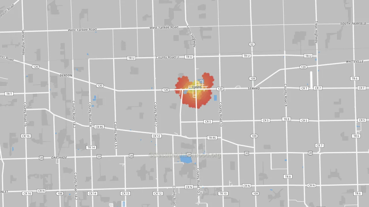 Walk Grade map of 43533, OH, walkable areas in green and car-dependent areas in red