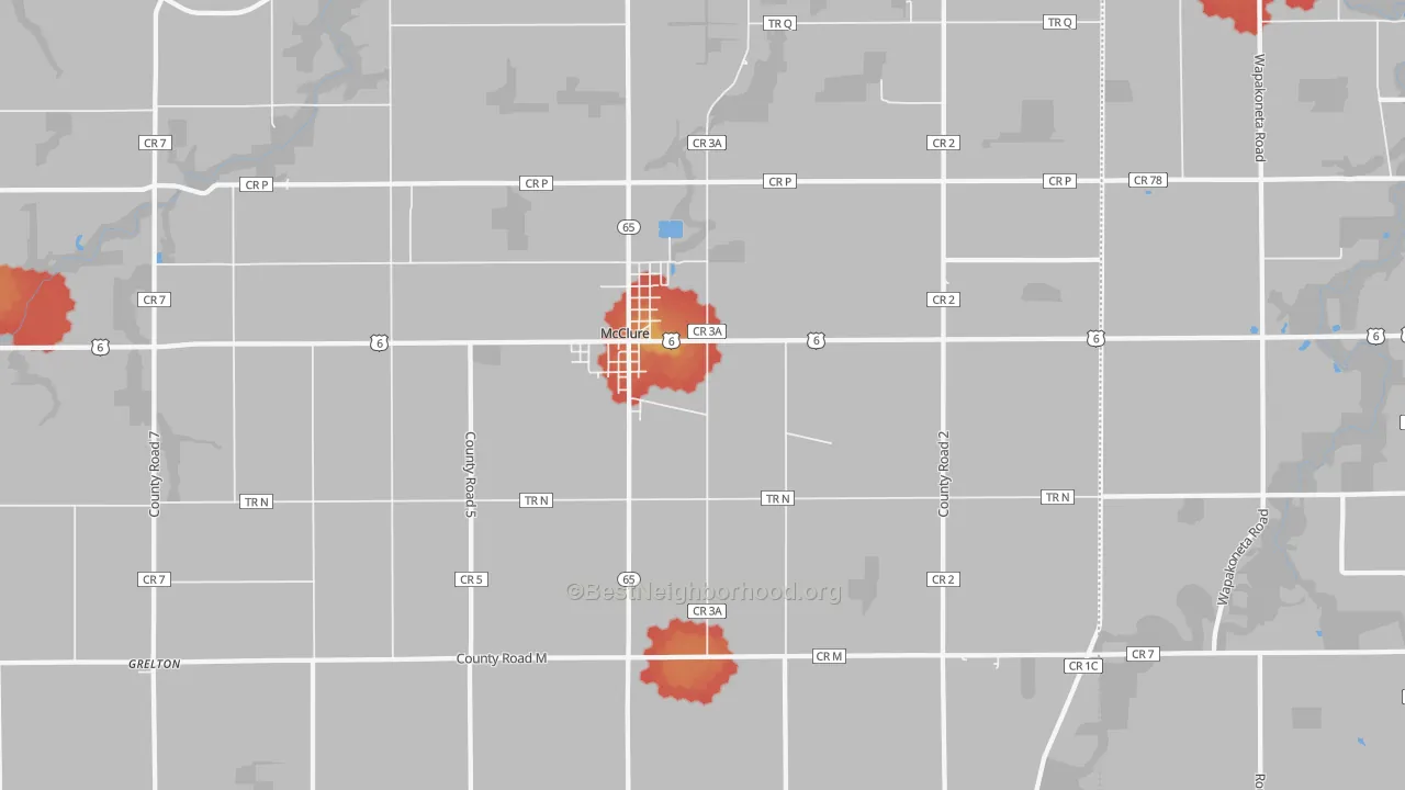 Walk Grade map of 43534, OH, walkable areas in green and car-dependent areas in red