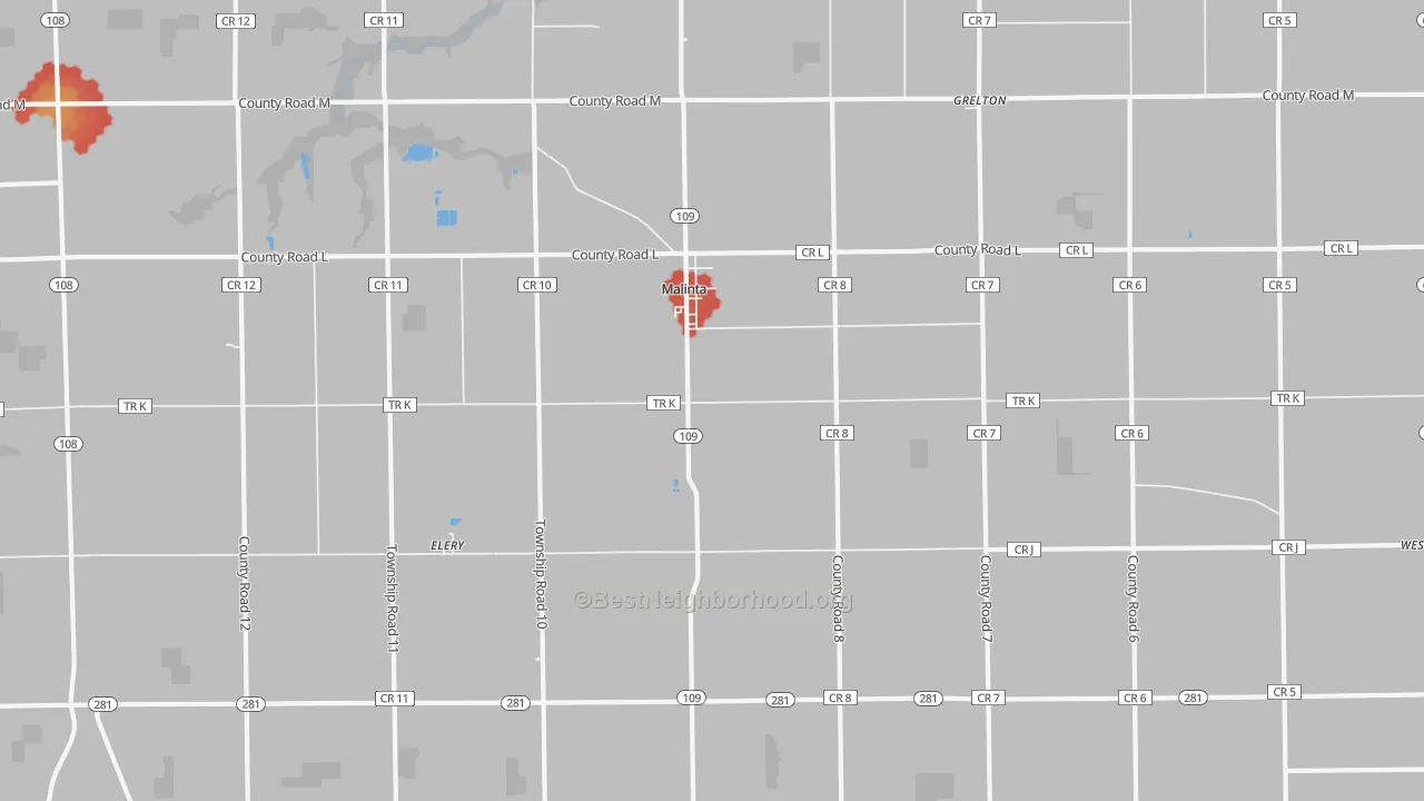 Walk Grade map of 43535, OH, walkable areas in green and car-dependent areas in red