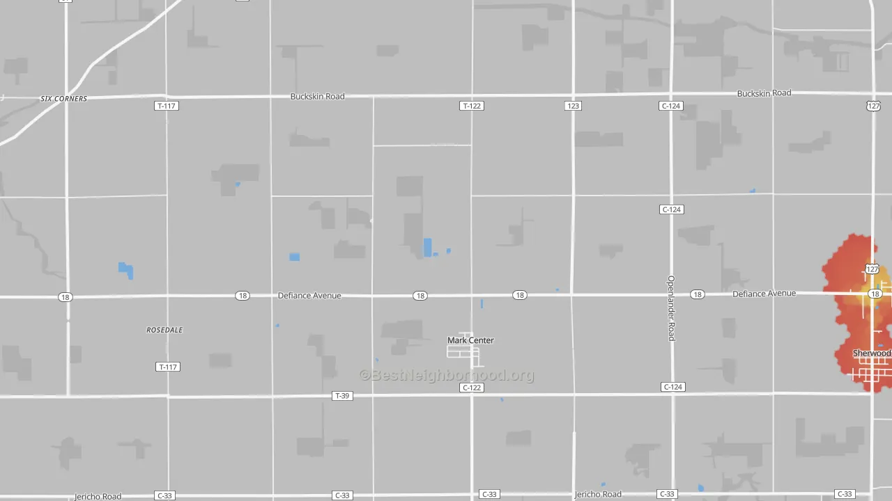 Walk Grade map of 43536, OH, walkable areas in green and car-dependent areas in red