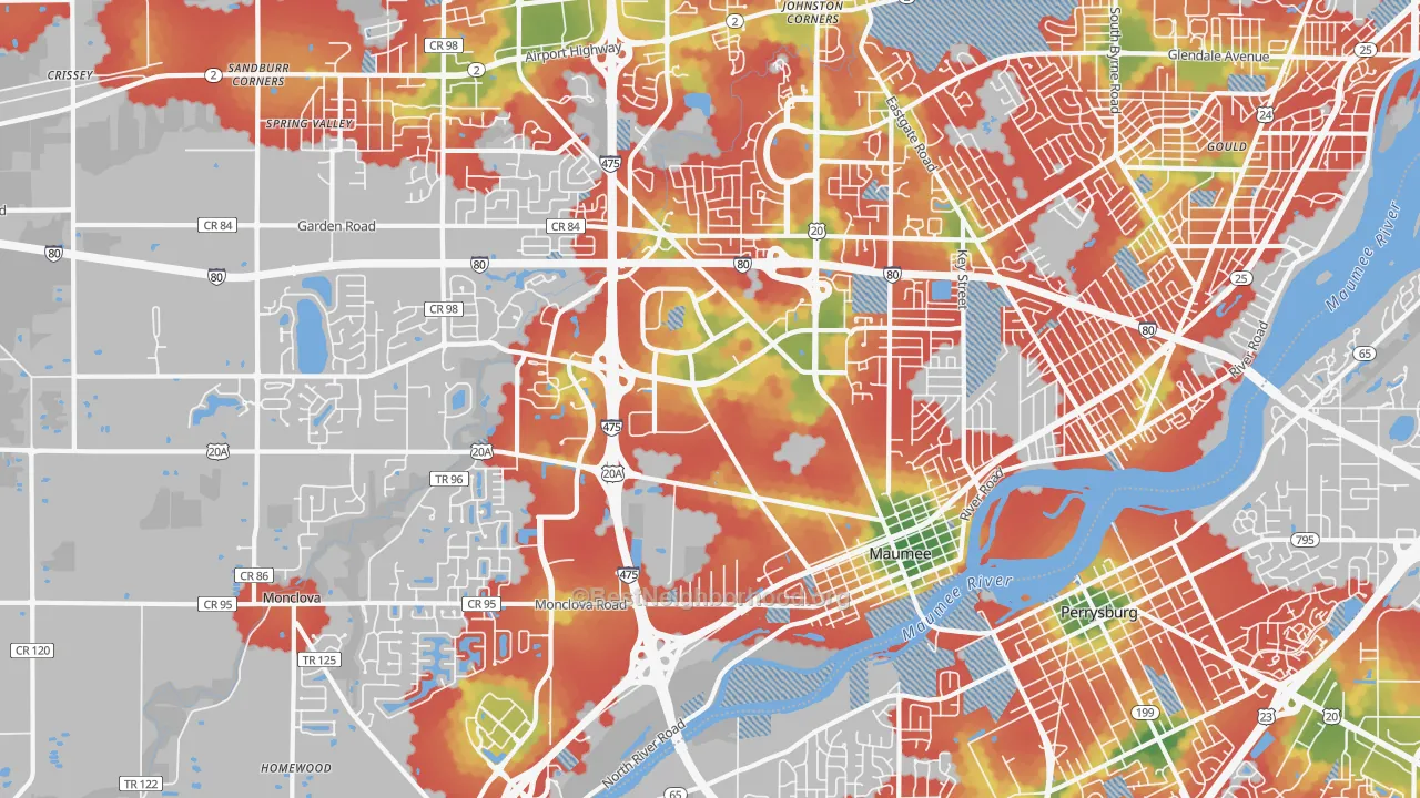 Walk Grade map of 43537, OH, walkable areas in green and car-dependent areas in red