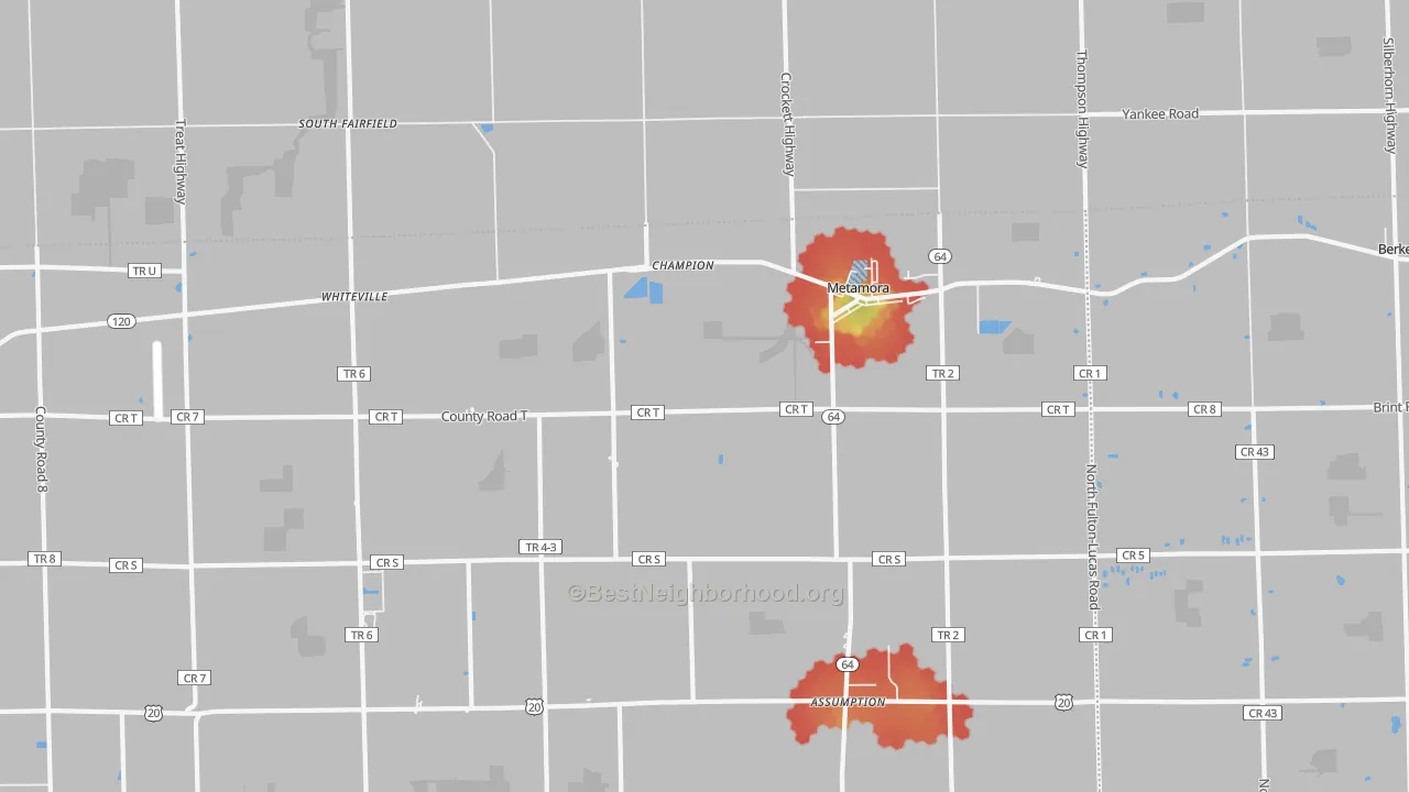 Walk Grade map of 43540, OH, walkable areas in green and car-dependent areas in red