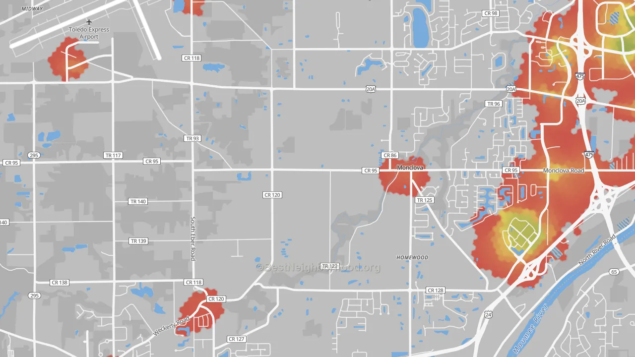 Walk Grade map of 43542, OH, walkable areas in green and car-dependent areas in red