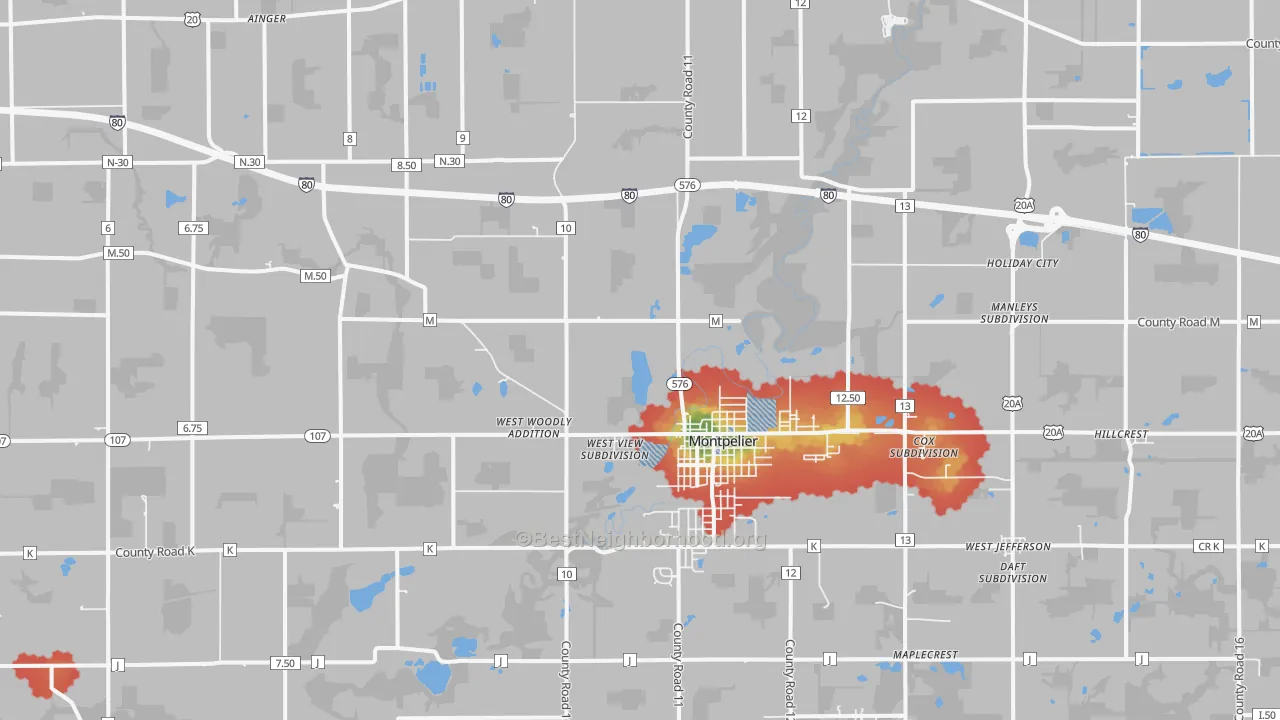 Walk Grade map of 43543, OH, walkable areas in green and car-dependent areas in red