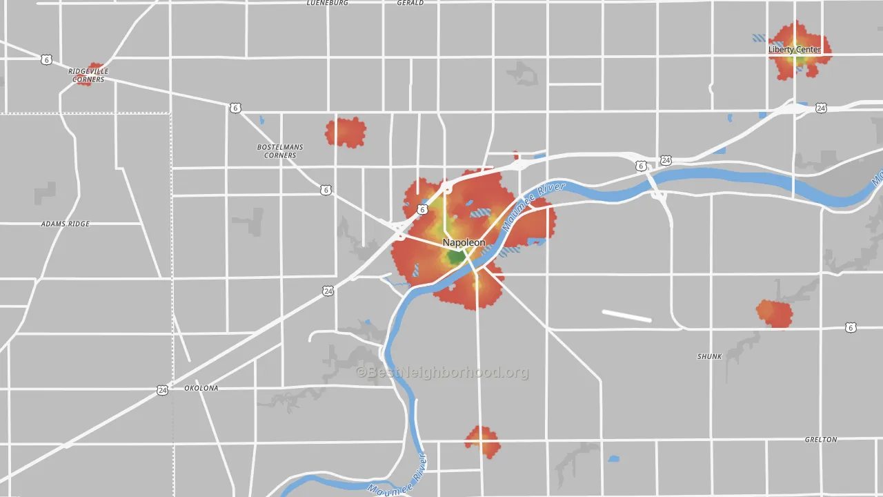 Walk Grade map of 43545, OH, walkable areas in green and car-dependent areas in red