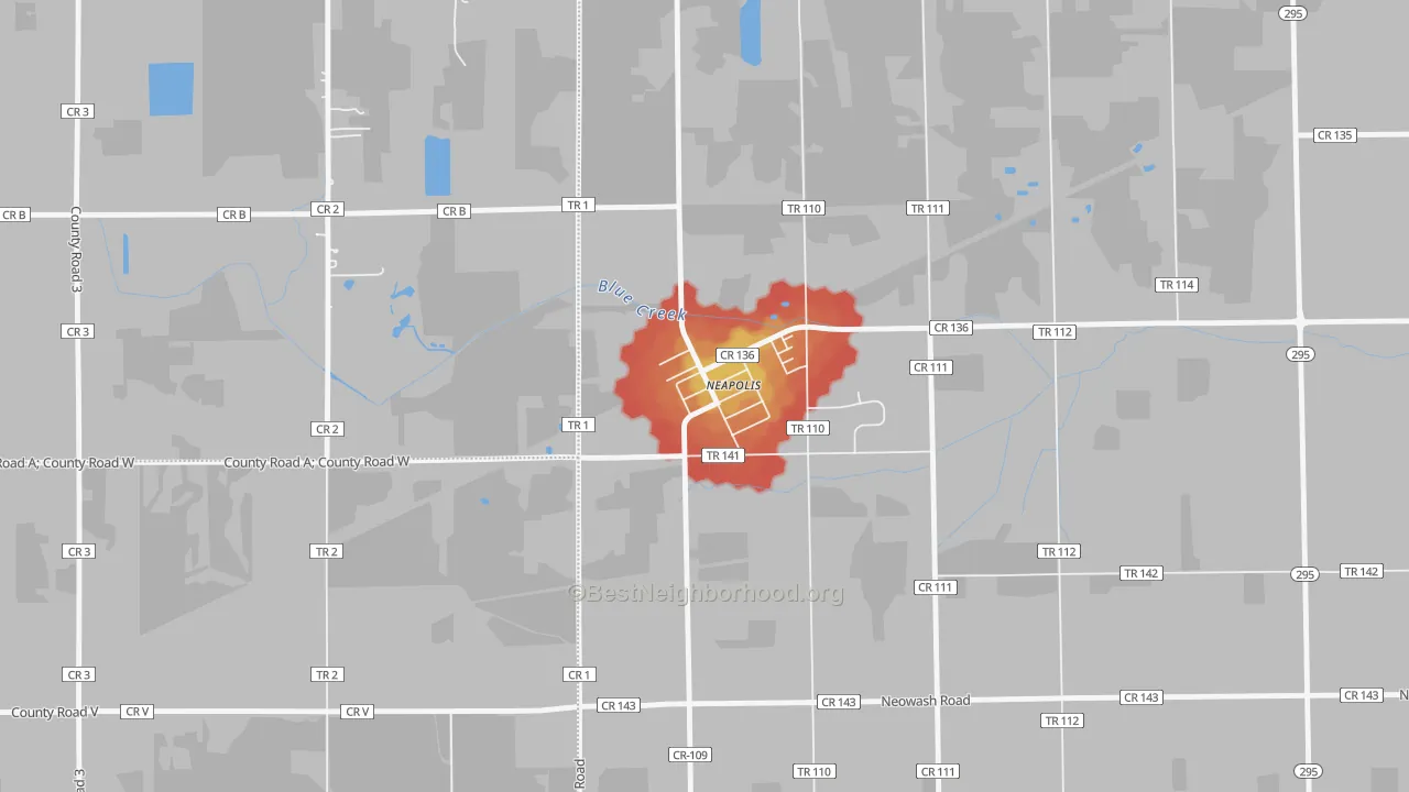 Walk Grade map of 43547, OH, walkable areas in green and car-dependent areas in red
