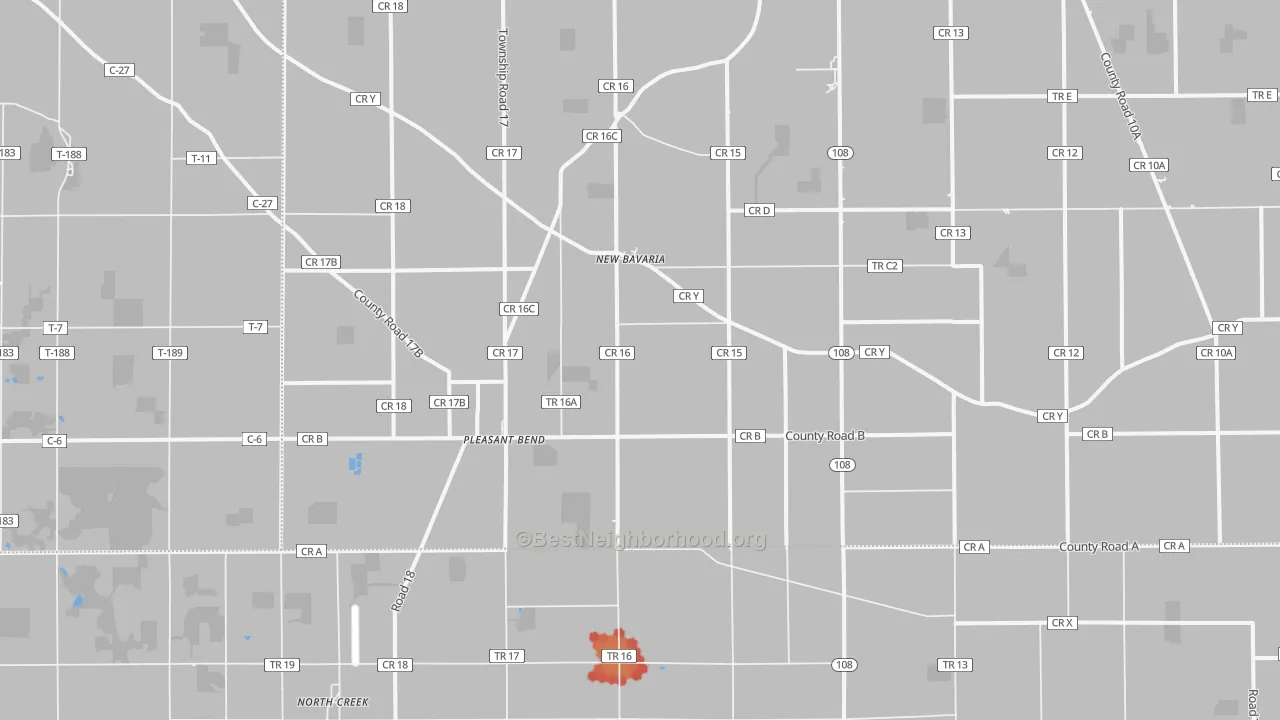 Walk Grade map of 43548, OH, walkable areas in green and car-dependent areas in red