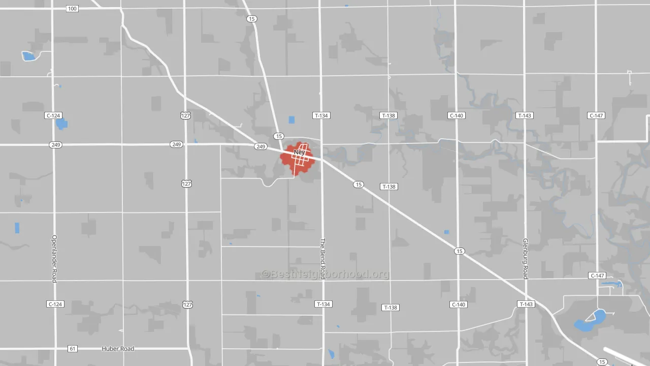 Walk Grade map of 43549, OH, walkable areas in green and car-dependent areas in red