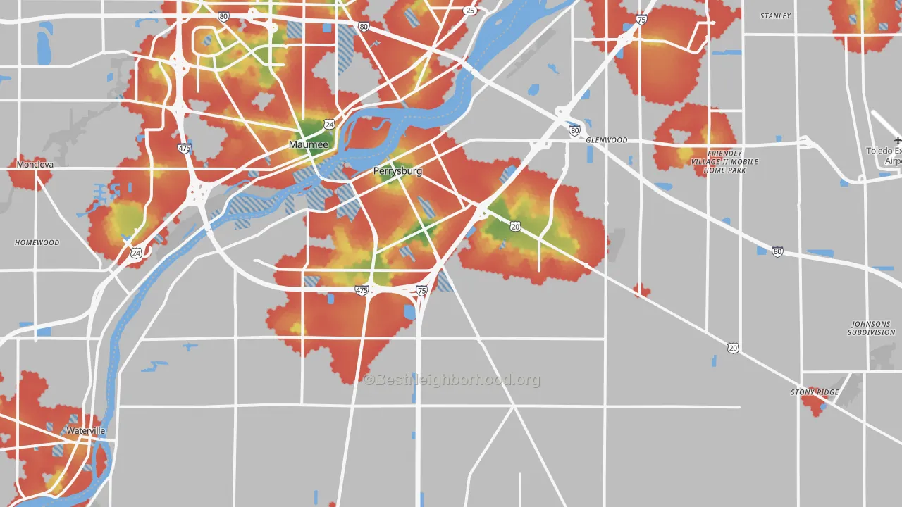 Walk Grade map of 43551, OH, walkable areas in green and car-dependent areas in red
