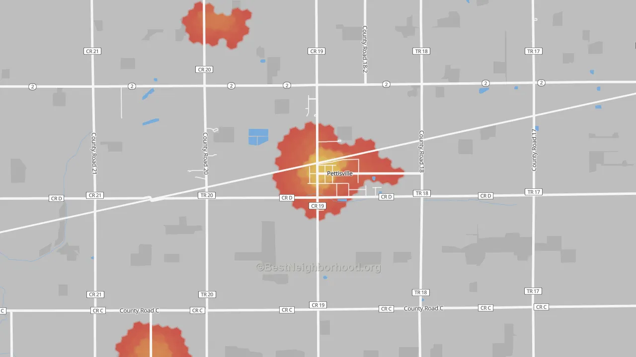 Walk Grade map of 43553, OH, walkable areas in green and car-dependent areas in red